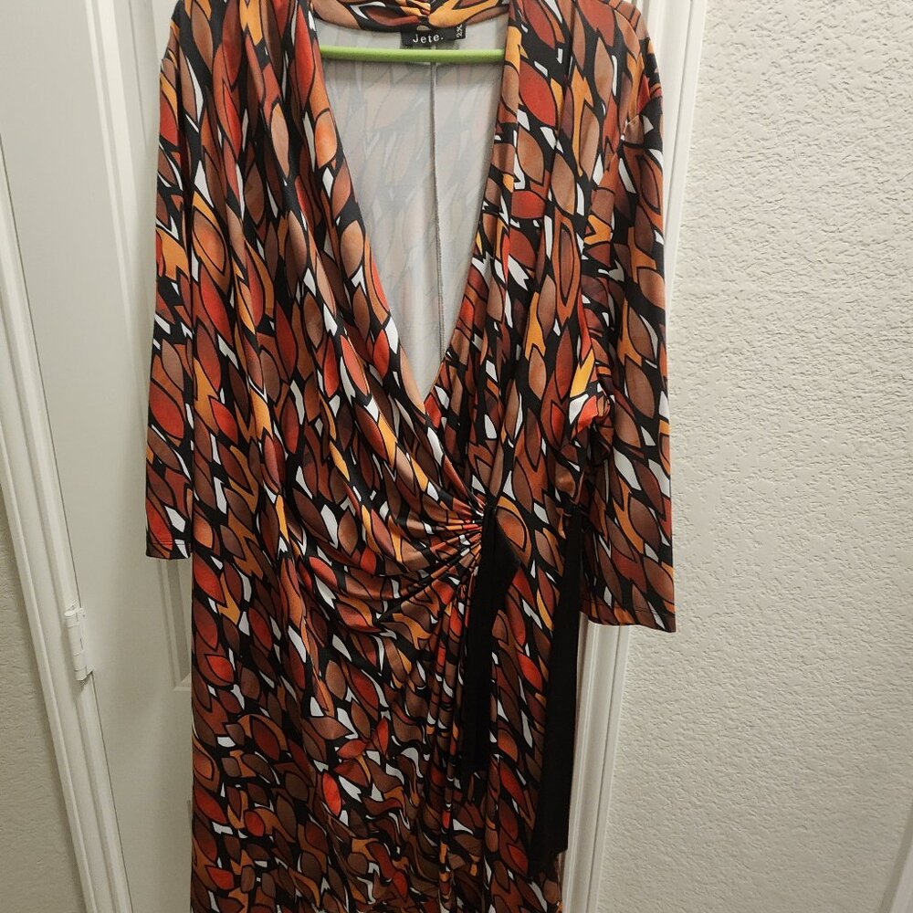 Jete Orange Brown and Yellow Print Wrap Dress 2X